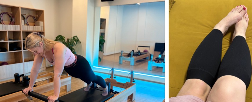 Fitness instruktorka během tréninku – osobní zpověď o životě s lipedémem, těžké nohy v kompresních legínách po tréninku
